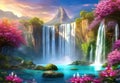 Paradise landscape with beautiful gardens, waterfalls and flowers, magical idyllic background, heavenly view with beautiful