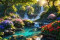 Paradise landscape with beautiful gardens, waterfalls and flowers, magical idyllic background with many flowers in eden