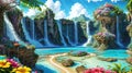 Paradise landscape with beautiful gardens, waterfalls and flowers, magical idyllic heavenly view with beautiful fantastic flowers