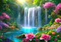 Paradise landscape with beautiful gardens, waterfalls and flowers, magical idyllic heavenly view with beautiful fantastic flowers