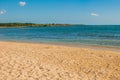 Paradise landscape with yellow sand and blue Caribbean sea. Cienfuegos, Cuba, Rancho Luna Beach.