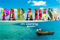 Paradise - Letters Filled with Tropical Flowers and Leaves with Beautiful Ocean Water and Boat, Waiting for Tourists.