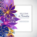 Paradise neon violet flowers and leaves vector illustration. Ornament. Fantastic flower with leaves on dark violet Royalty Free Stock Photo