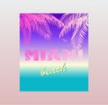 Paradise print t shirt typography design with neon Miami beach lettering and palm branches on ocean sunset landscape