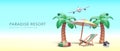 Paradise resort concept banner in 3d realistic style with palms, umbrella, chair, camera, plane on summer background. Vector