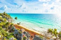 Paradise Scenery of Tulum at tropical coast and beach. Mayan ruins of Tulum, Quintana Roo, Mexico Royalty Free Stock Photo