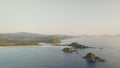 Paradise seascape at ocean shore aerial. Ships, boats at harbor. Sand beach at sea bay