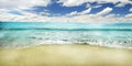 Paradise summer holiday on tropical island resort with sandy beach and blue sea. Sea shore panorama. Summer vacation banner Royalty Free Stock Photo