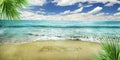 Paradise summer holiday on tropical island resort with sandy beach, palm tree and blue sea. Sea shore panorama. Summer vacation Royalty Free Stock Photo