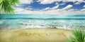 Paradise summer holiday on tropical island resort with sandy beach, palm tree and blue sea. Sea shore panorama. Summer vacation Royalty Free Stock Photo