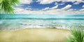 Paradise summer holiday on tropical island resort with sandy beach, palm tree and blue sea. Sea shore panorama. Summer vacation Royalty Free Stock Photo