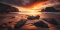 paradise sunset at the seaside where sea waves splashing on the land and coconut trees nearby reflecting on the wet beach. Royalty Free Stock Photo