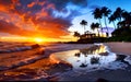 paradise sunset at the seaside where sea waves splashing on the land and coconut trees nearby reflecting on the wet beach. Royalty Free Stock Photo