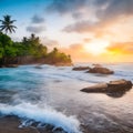 paradise sunset at the seaside where sea waves splashing on the land and coconut trees nearby reflecting on the wet beach. Royalty Free Stock Photo