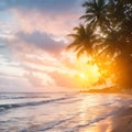 paradise sunset at the seaside where sea waves splashing on the land and coconut trees nearby reflecting on the wet beach. Royalty Free Stock Photo