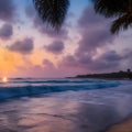 paradise sunset at the seaside where sea waves splashing on the land and coconut trees nearby reflecting on the wet beach. Royalty Free Stock Photo