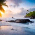 paradise sunset at the seaside where sea waves splashing on the land and coconut trees nearby reflecting on the wet beach. Royalty Free Stock Photo