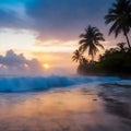 paradise sunset at the seaside where sea waves splashing on the land and coconut trees nearby reflecting on the wet beach. Royalty Free Stock Photo