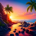 paradise sunset at the seaside where sea waves splashing on the land and coconut trees nearby reflecting on the wet beach. Royalty Free Stock Photo