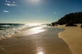 Paradise travel destination beach in Hamilton, Bermuda. Elbow Beach with golden sand and a beautiful sunset