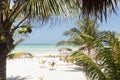 Paradise tropical beach with hut and hammocks Royalty Free Stock Photo