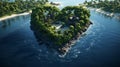 Paradise tropical green island in the shape of a heart with trees at a beach Royalty Free Stock Photo