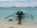 Trimaran at paradise tropical island beach, Coron, Philippines Royalty Free Stock Photo