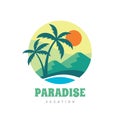 Paradise vacation - concept business logo vector illustration in flat style. Tropical summer holiday creative logo. Palms, island, Royalty Free Stock Photo