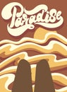 Paradise. Vector hand drawn illustration of stylised landscape with lettering isolated.