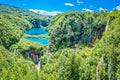 Paradise waterfalls of Plitvice lakes national park panoramic view