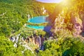 Paradise waterfalls of Plitvice lakes national park at sun haze