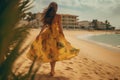 hippie woman sea beautiful lifestyle beach dress fashion person summer outdoor. Generative AI. Royalty Free Stock Photo