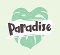 Paradise word written with modern font and decorated by exotic monstera leaf. Decorative composition with tropical