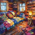 Paradox of modern and ancient quilts under lantern light, vibrant patchwork, cozy cabin interior, evening