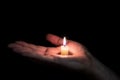 Paraffin candle memory lit on the palm of a man, the background is dark