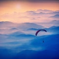 Paraglide silhouette in a light of sunrise. Vintage colors