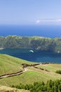 Paraglider above Lagoa Verde, Sao Miguel, Azores, Portugal