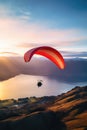 Paraglider drifting over countryside landscape at sunset, created using generative ai technology