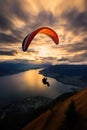 Paraglider drifting over countryside landscape at sunset, created using generative ai technology