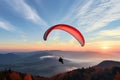 Paraglider drifting over countryside landscape at sunset, created using generative ai technology