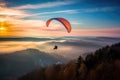 Paraglider drifting over countryside landscape at sunset, created using generative ai technology