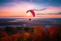 Paraglider drifting over countryside landscape at sunset, created using generative ai technology