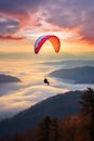 Paraglider drifting over countryside landscape at sunset, created using generative ai technology