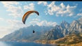 Paraglider flies over the sea against the background. Generative AI.