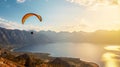 Paraglider flies over the sea against the background. Generative AI. Royalty Free Stock Photo