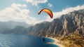 Paraglider flies over the sea against the background. Generative AI.