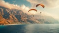 Paraglider flies over the sea against the background. Generative AI.