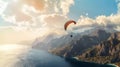 Paraglider flies over the sea against the background. Generative AI. Royalty Free Stock Photo