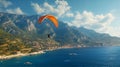 Paraglider flies over the sea against the background. Generative AI.