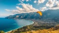 Paraglider flies over the sea against the background. Generative AI.